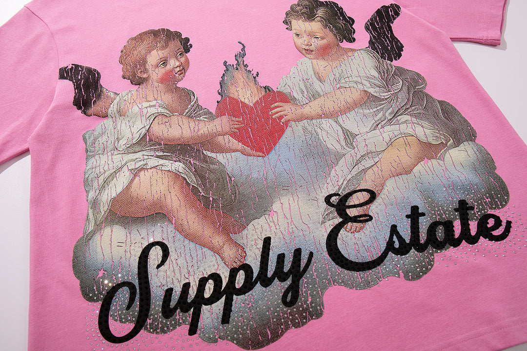 Vintage Angel Cherub Pink Vintage‑Washed Double‑Sided Graphic Print Crew‑Neck Streetwear T‑Shirt