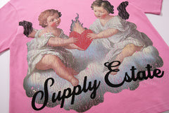 Vintage Angel Cherub Pink Vintage‑Washed Double‑Sided Graphic Print Crew‑Neck Streetwear T‑Shirt