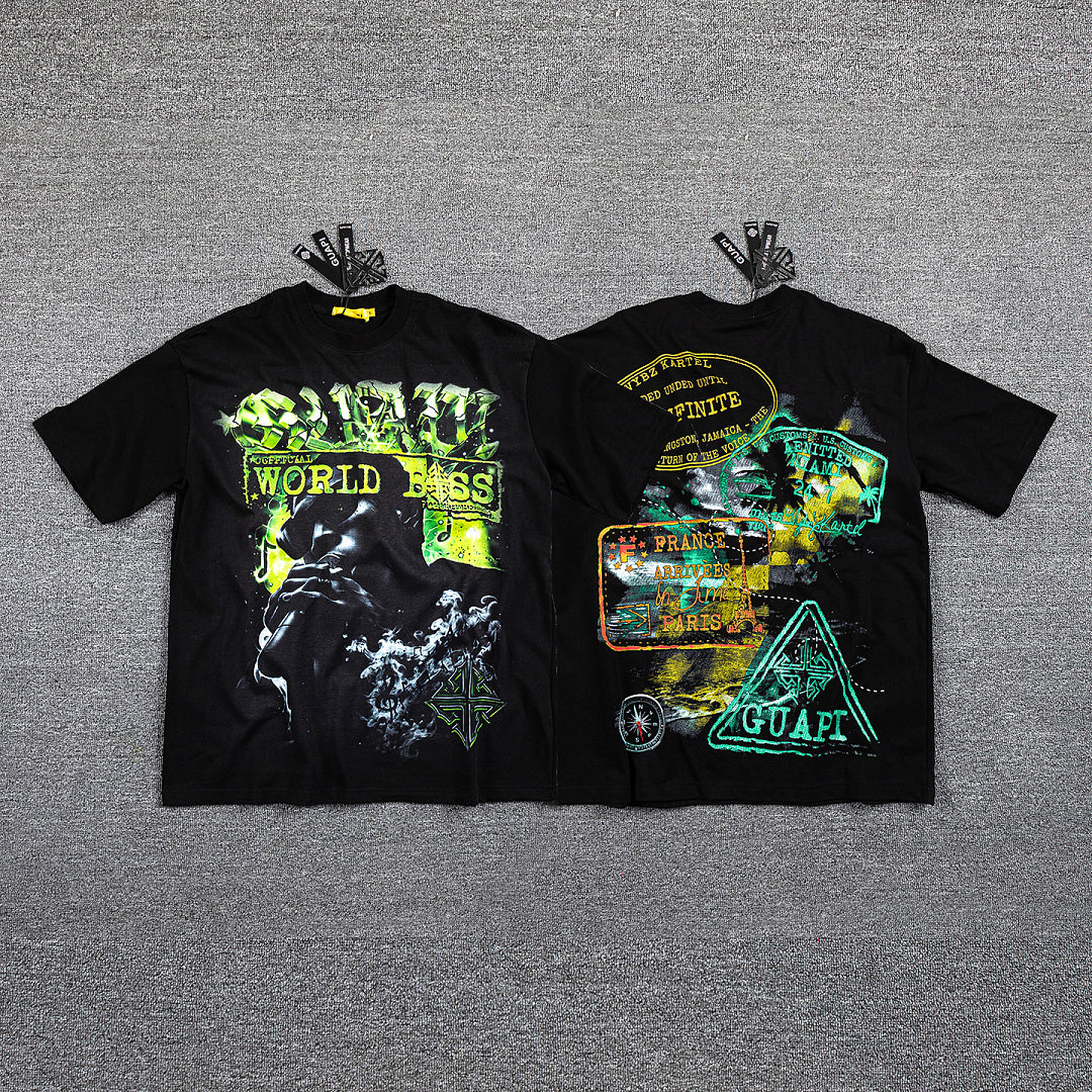 HVM Harmony Neon Green Abstract Figure Black Double‑Sided Graphic Print Crew Neck Streetwear T‑Shirt