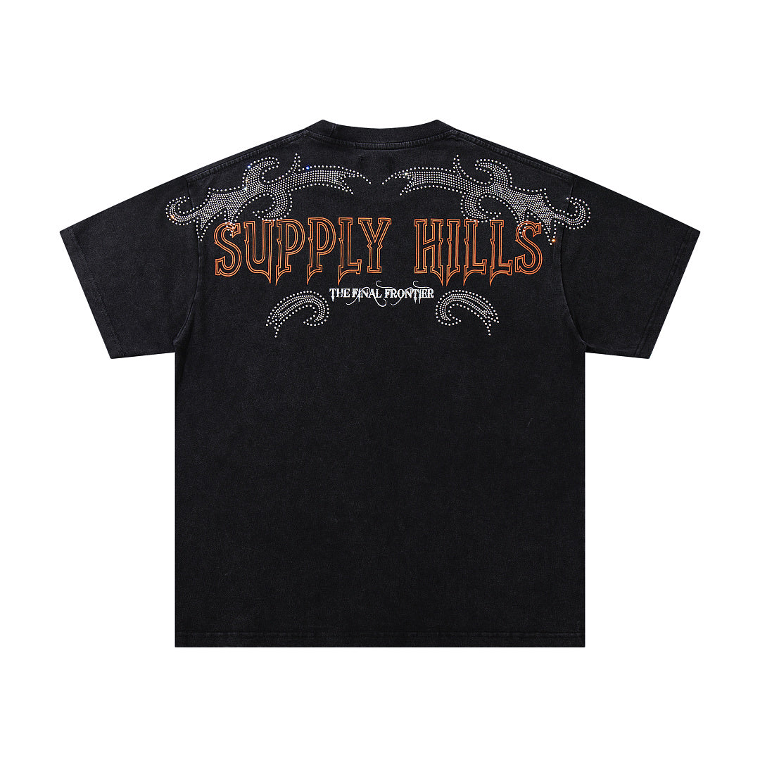 Supply Hills Black‑Washed Double‑Sided Graphic Print Crew‑Neck Streetwear T‑Shirt