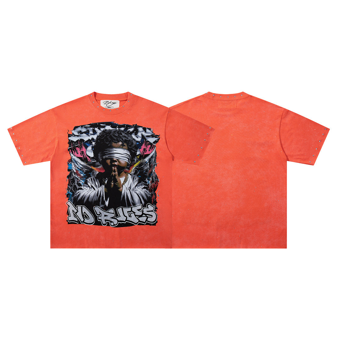 Rockstar Skull Graffiti Orange Washed Graphic Print Crew Neck Streetwear T‑Shirt