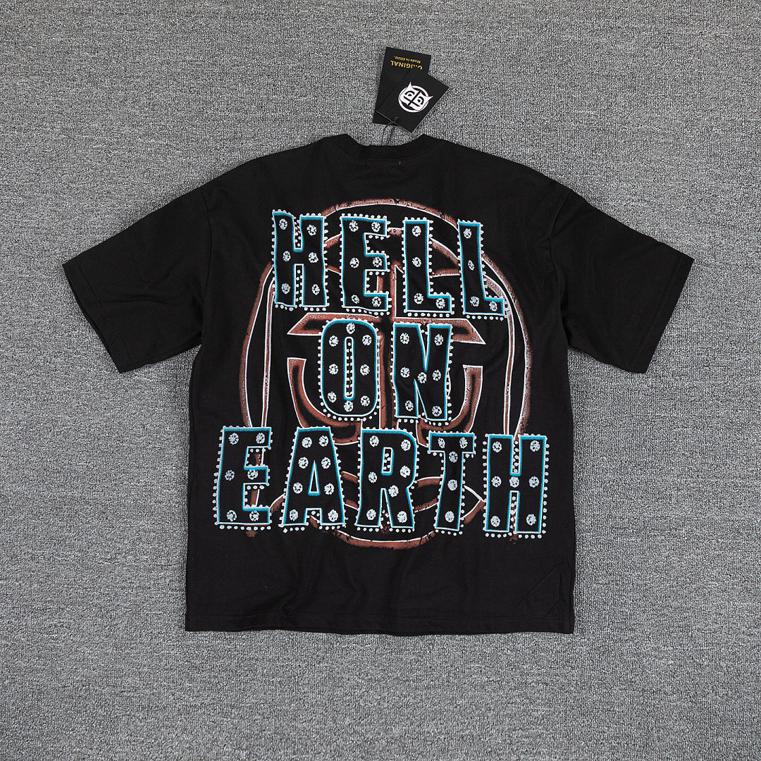 Glazagod Black Retro Fire Earth Gothic Graphic Print Crew Neck Streetwear T‑Shirt