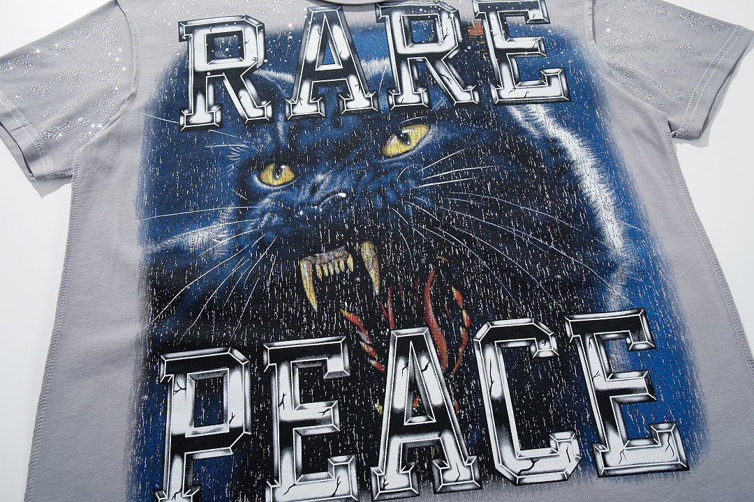 Rare Peace Bad‑Rabbit Grey‑Washed Double‑Sided Graphic Print Crew‑Neck Streetwear T‑Shirt