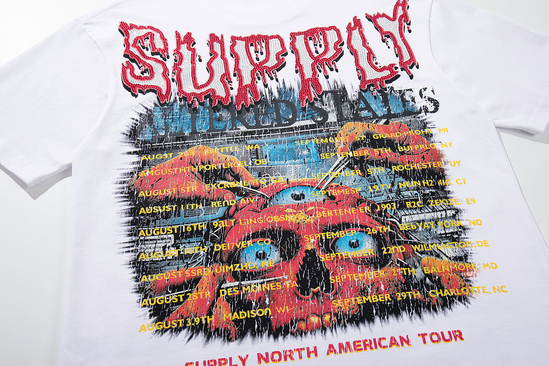 Tribal Skull White Vintage‑Washed Double‑Sided Graphic Print Crew‑Neck Streetwear T‑Shirt