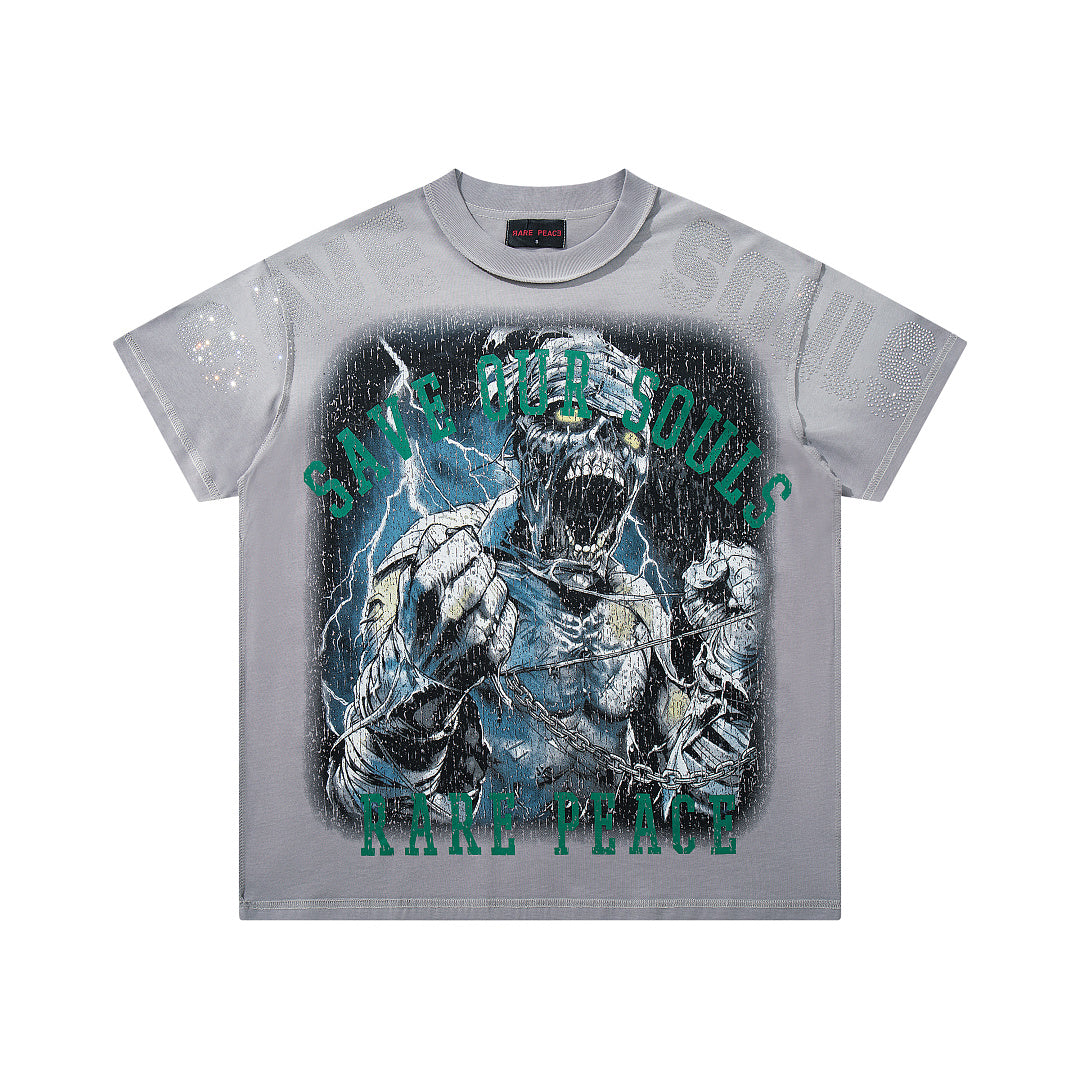 Rare Peace SOS The End Of An Era Light‑Grey Washed Double‑Sided Graphic Print Crew‑Neck Streetwear T‑Shirt