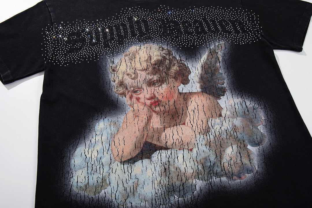 Vintage Cloud Cherub Black Vintage‑Washed Double‑Sided Graphic Print Crew‑Neck Streetwear T‑Shirt