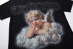 Vintage Cloud Cherub Black Vintage‑Washed Double‑Sided Graphic Print Crew‑Neck Streetwear T‑Shirt