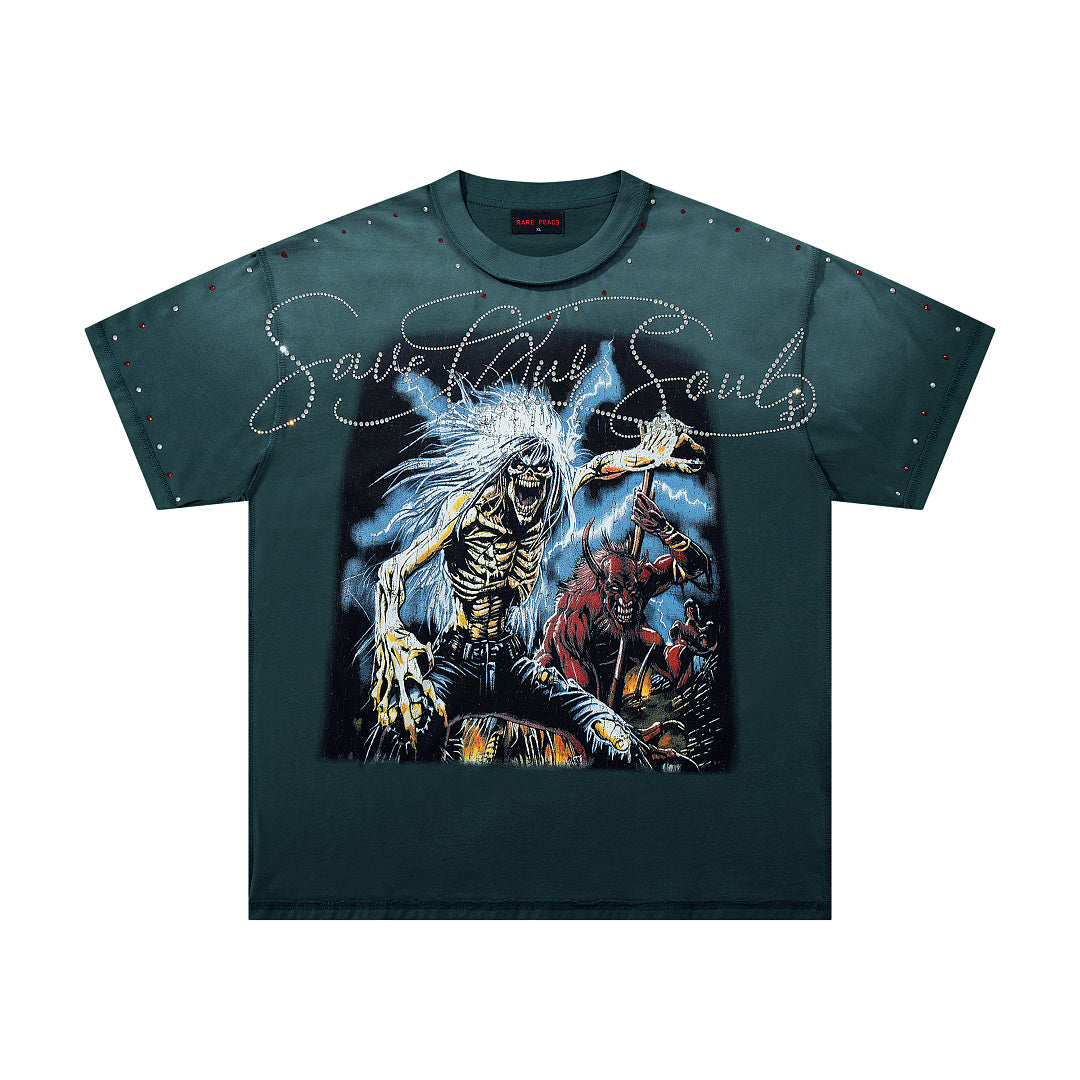 Save Our Souls Dark‑Green Washed Double‑Sided Graphic Print Crew‑Neck Streetwear T‑Shirt