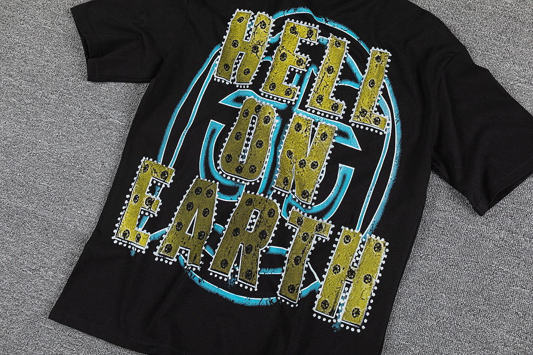 Glazagod Blue Fire Earth Double‑Sided Graphic Print Crew Neck Streetwear T‑Shirt