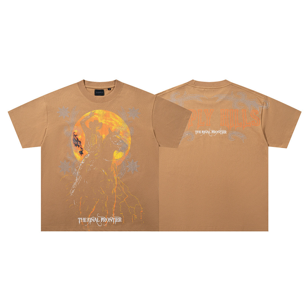 Fire Globe Brown Vintage‑Washed Double‑Sided Graphic Print Crew‑Neck Streetwear T‑Shirt