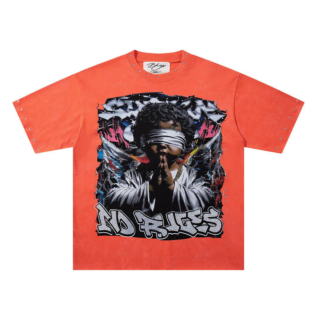 Rockstar Skull Graffiti Orange Washed Graphic Print Crew Neck Streetwear T‑Shirt