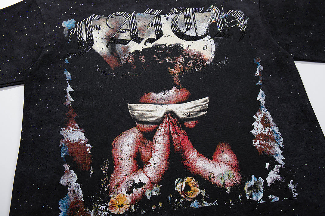 Angel Figure Dripping Letter Double‑Sided Graphic Print Crew Neck Streetwear T‑Shirt