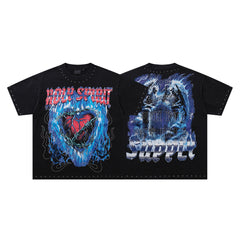 Melting Heart Black Vintage‑Washed Double‑Sided Graphic Print Crew‑Neck Streetwear T‑Shirt