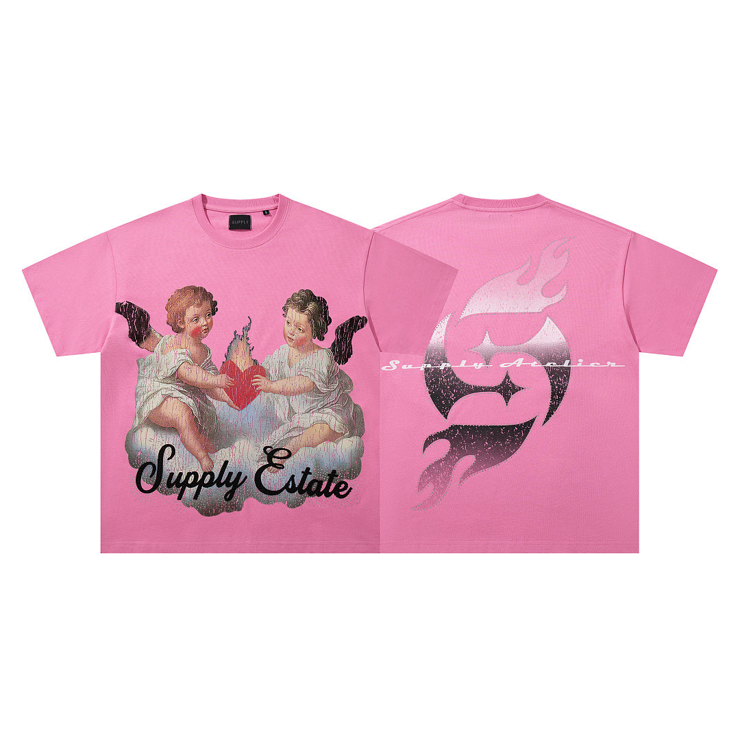 Vintage Angel Cherub Pink Vintage‑Washed Double‑Sided Graphic Print Crew‑Neck Streetwear T‑Shirt