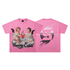 Vintage Angel Cherub Pink Vintage‑Washed Double‑Sided Graphic Print Crew‑Neck Streetwear T‑Shirt