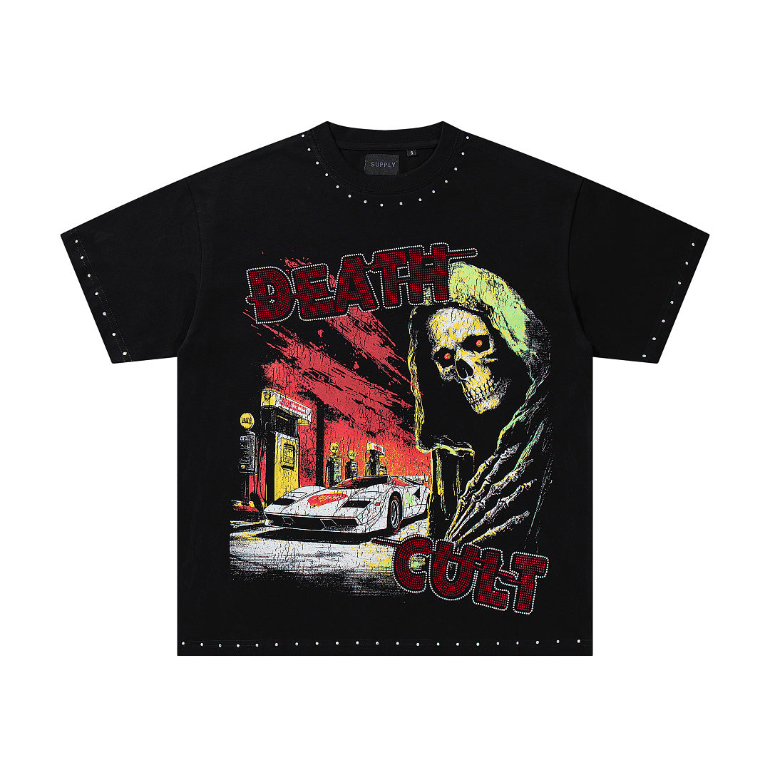 Death Cult Double‑Sided Graphic Print Black‑Washed Crew‑Neck Streetwear T‑Shirt