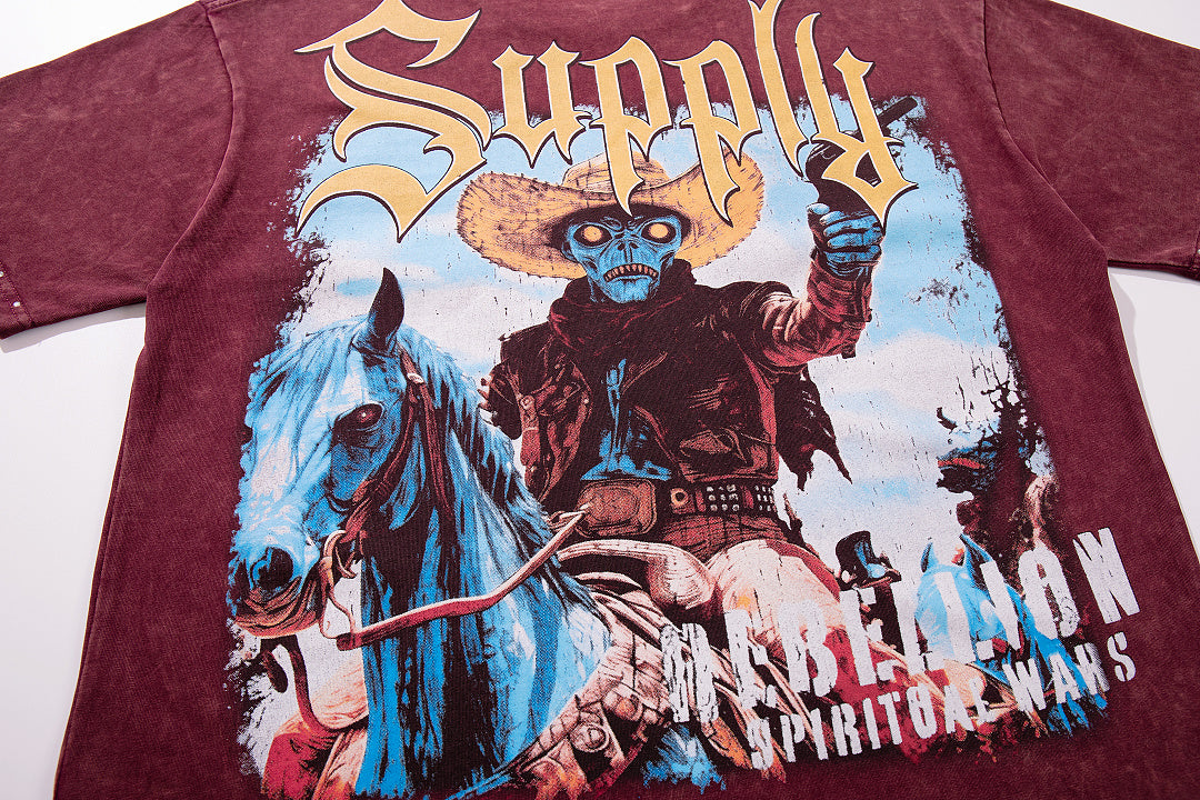 Rebellion Double‑Sided Graphic Print Burgundy‑Washed Crew‑Neck Streetwear T‑Shirt