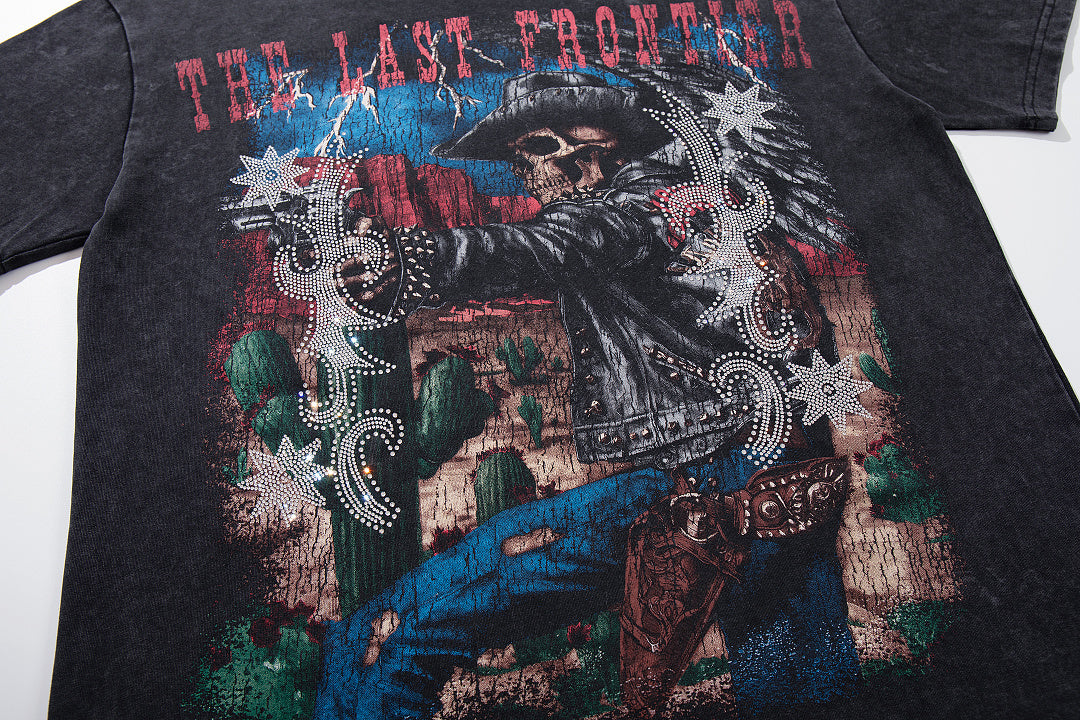 Nature Beast Black Vintage‑Washed Double‑Sided Graphic Print Crew‑Neck Streetwear T‑Shirt