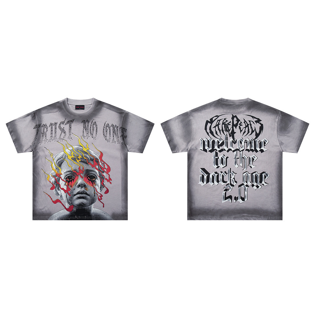 Trust No One Dark‑Age 2.0 Grey Washed Double‑Sided Graphic Print Crew‑Neck Streetwear T‑Shirt