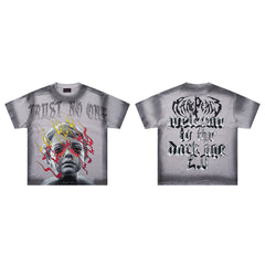 Trust No One Dark‑Age 2.0 Grey Washed Double‑Sided Graphic Print Crew‑Neck Streetwear T‑Shirt