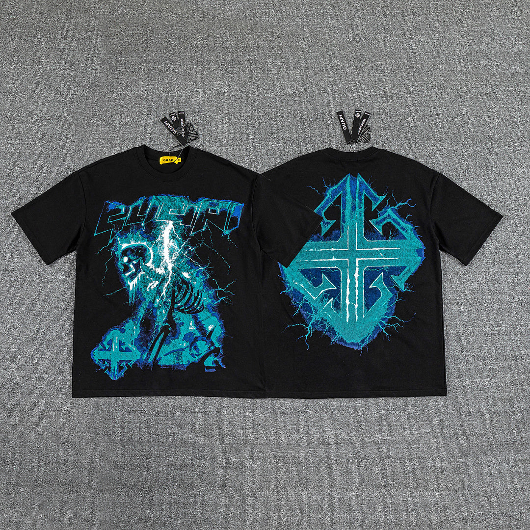 Cyan Lightning Cross Double‑Sided Graphic Print Crew Neck Streetwear T‑Shirt