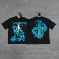 Cyan Lightning Cross Double‑Sided Graphic Print Crew Neck Streetwear T‑Shirt