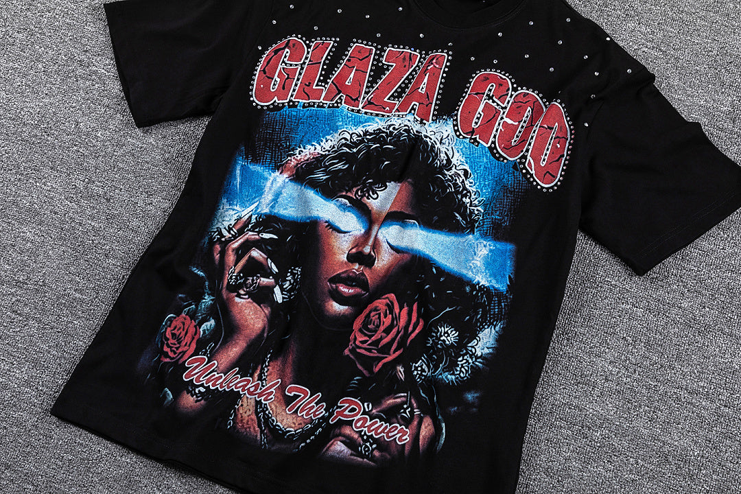 Glazagod Red Portrait Totem Double‑Sided Graphic Print Crew Neck Streetwear T‑Shirt
