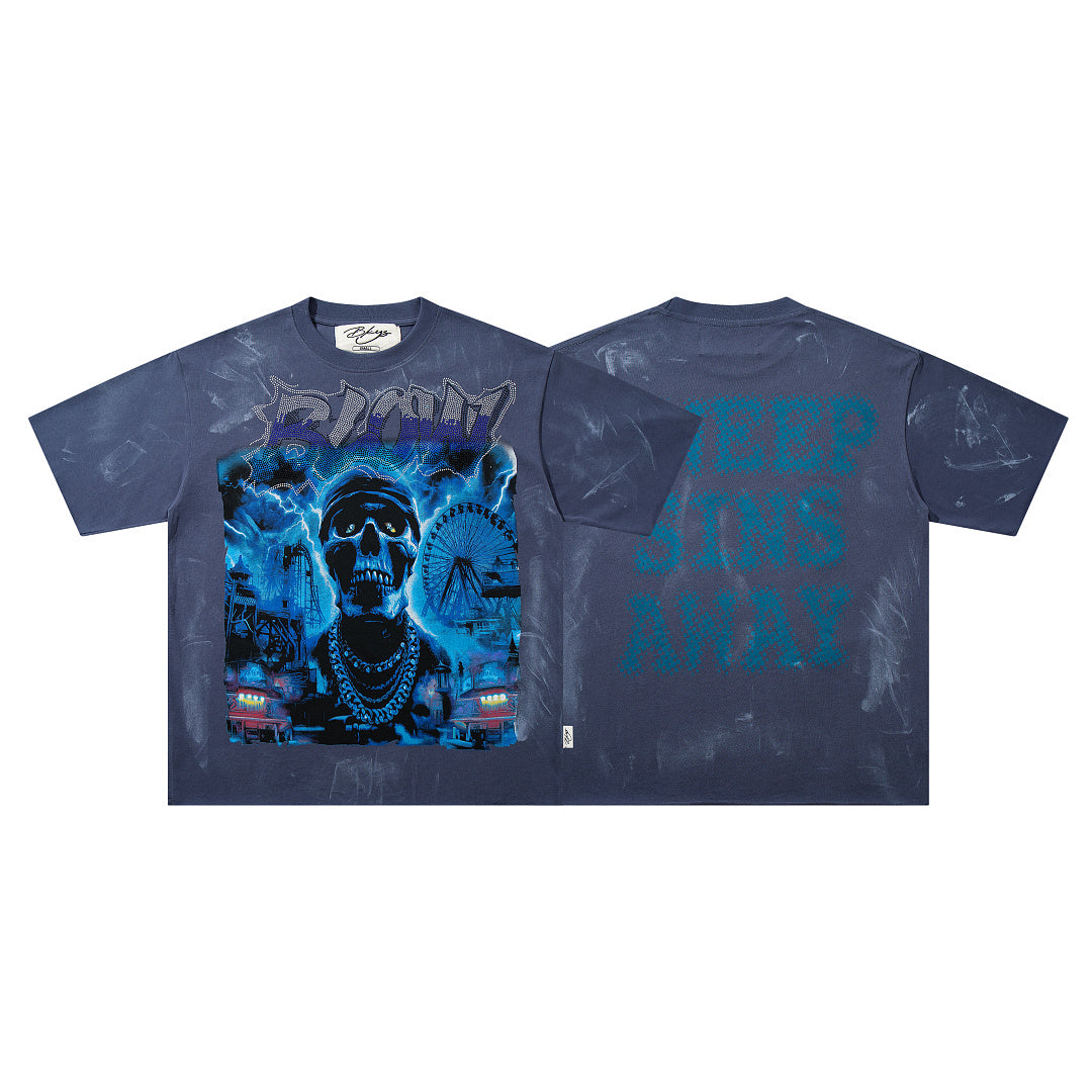 Sweep Sins Away Blue‑Toned Portrait Double‑Sided Graphic Print Crew Neck Streetwear T‑Shirt