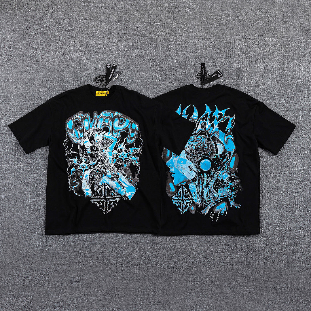 Blue Cyan Skull Demon Double‑Sided Graphic Print Crew Neck Streetwear T‑Shirt