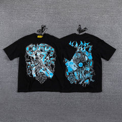 Blue Cyan Skull Demon Double‑Sided Graphic Print Crew Neck Streetwear T‑Shirt