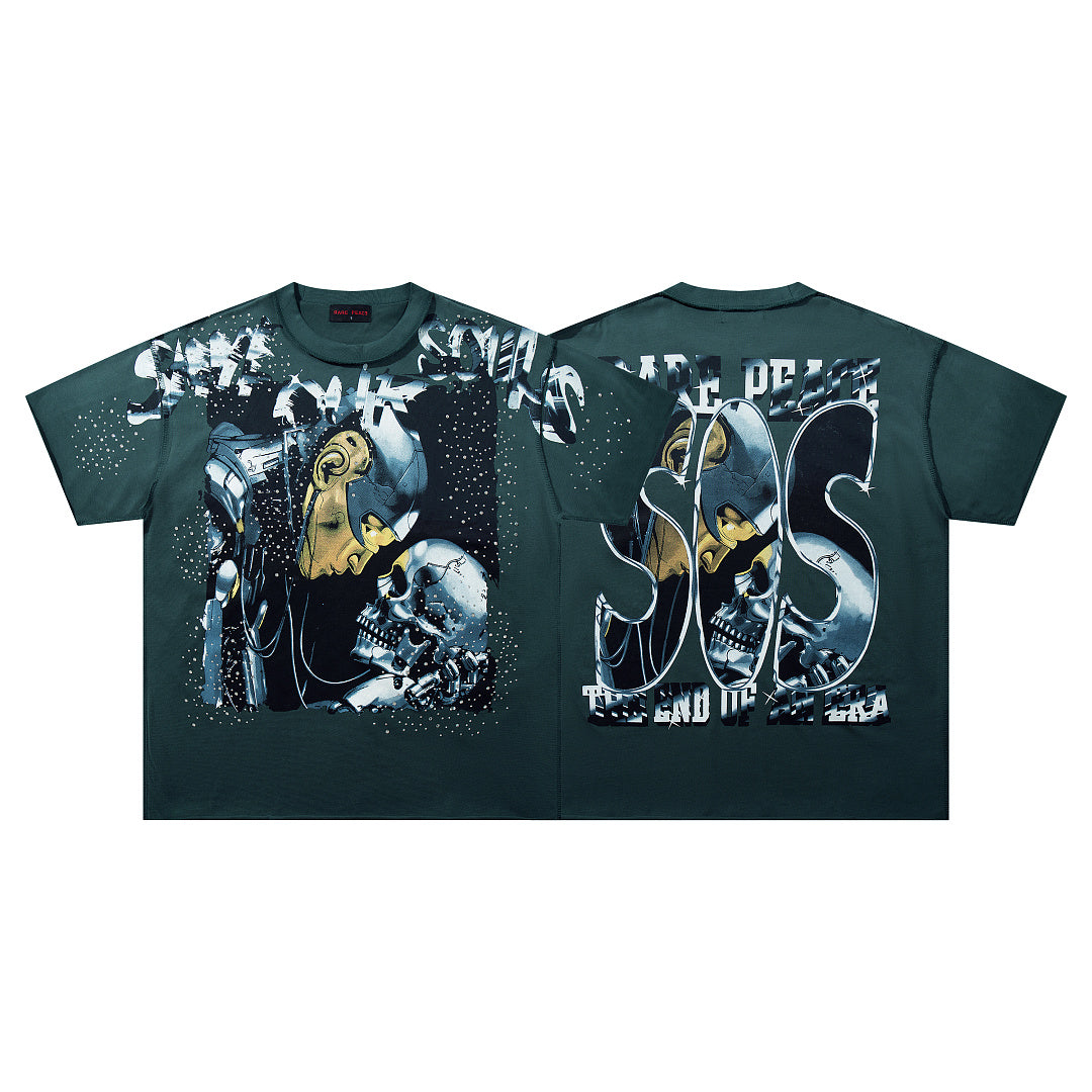 SOS Skull Universe Dark‑Green Washed Double‑Sided Graphic Print Crew‑Neck Streetwear T‑Shirt