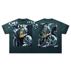 SOS Skull Universe Dark‑Green Washed Double‑Sided Graphic Print Crew‑Neck Streetwear T‑Shirt