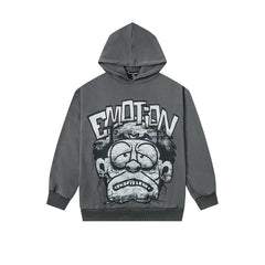 Vintage Cartoon Face Graphic Hoodie Charcoal Grey Oversized Streetwear Pullover Sweatshirt