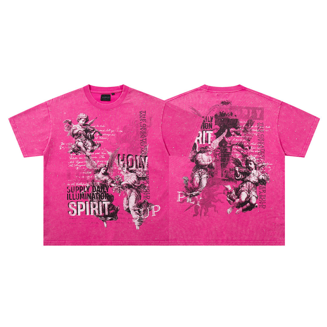Spirit Angel Hot‑Pink Vintage‑Washed Double‑Sided Graphic Print Crew‑Neck Streetwear T‑Shirt