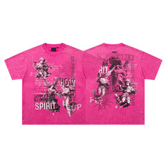 Spirit Angel Hot‑Pink Vintage‑Washed Double‑Sided Graphic Print Crew‑Neck Streetwear T‑Shirt