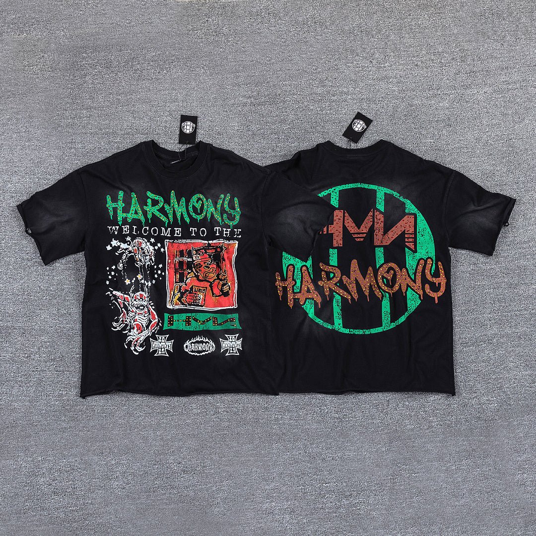 HVM Harmony Green‑Orange Double‑Sided Graphic Print Crew Neck Streetwear T‑Shirt