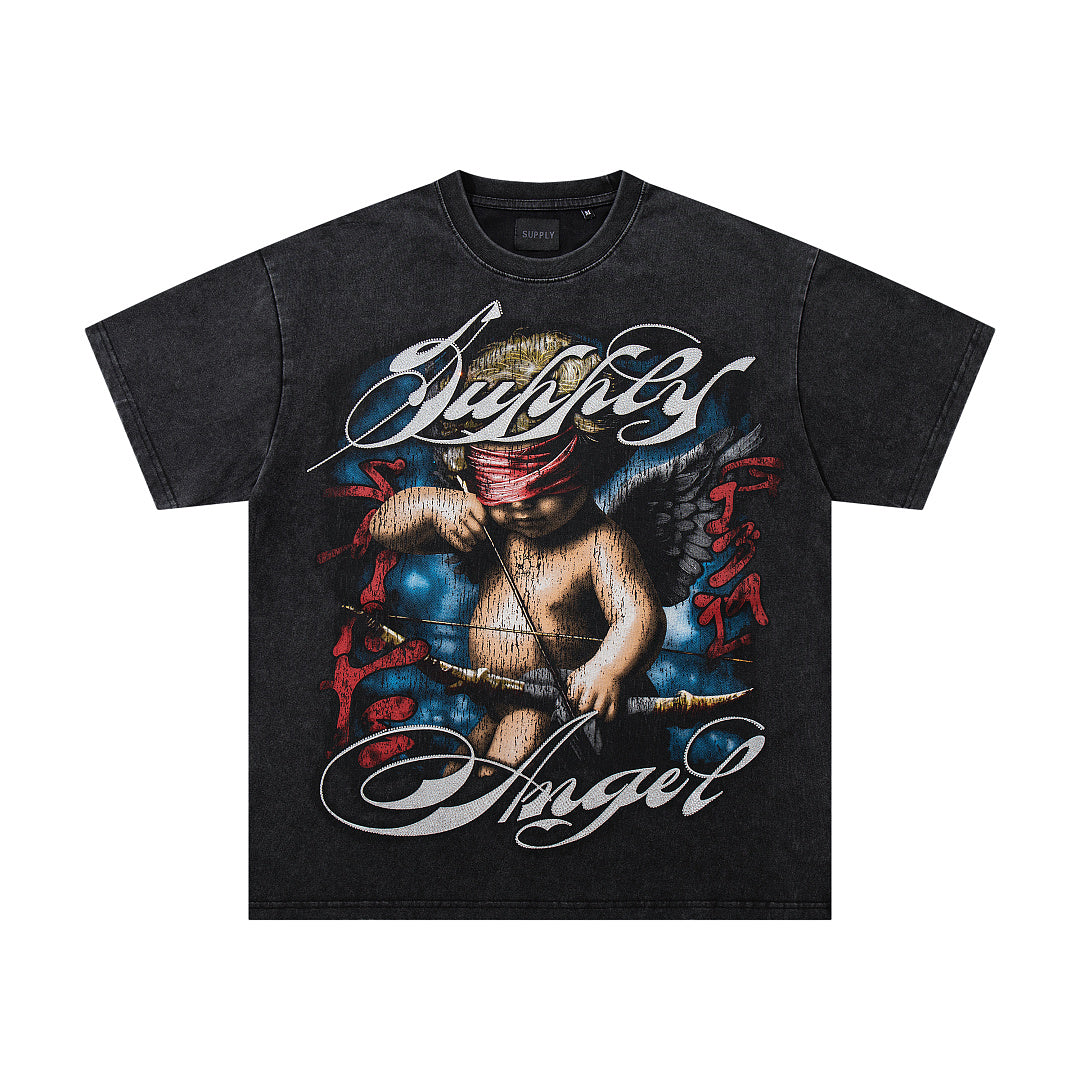 Vintage Tempted Angel Black Double‑Sided Graphic Print Crew‑Neck Streetwear T‑Shirt