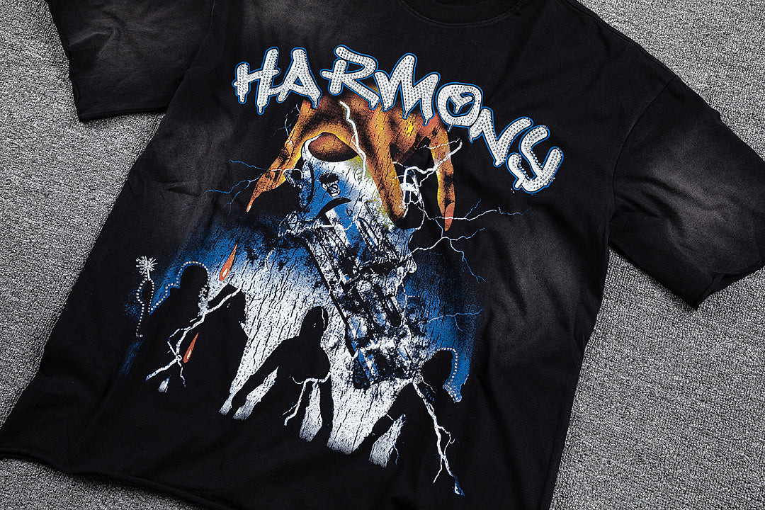 HVM Harmony Dark Rock Figure Black Tie‑Dye Double‑Sided Graphic Print Crew Neck Streetwear T‑Shirt