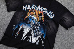 HVM Harmony Dark Rock Figure Black Tie‑Dye Double‑Sided Graphic Print Crew Neck Streetwear T‑Shirt