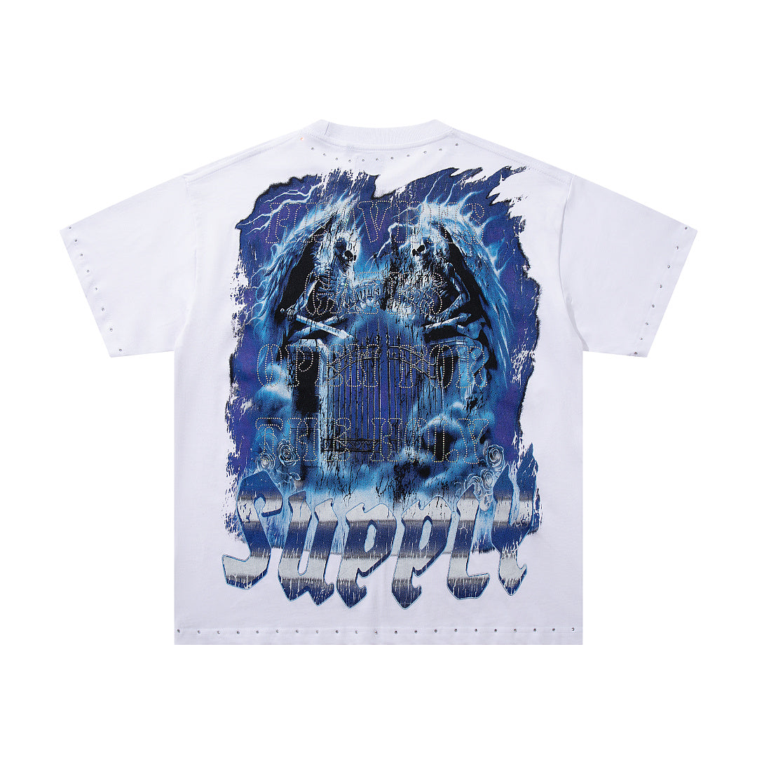 Melting Heart White Vintage‑Washed Double‑Sided Graphic Print Crew‑Neck Streetwear T‑Shirt