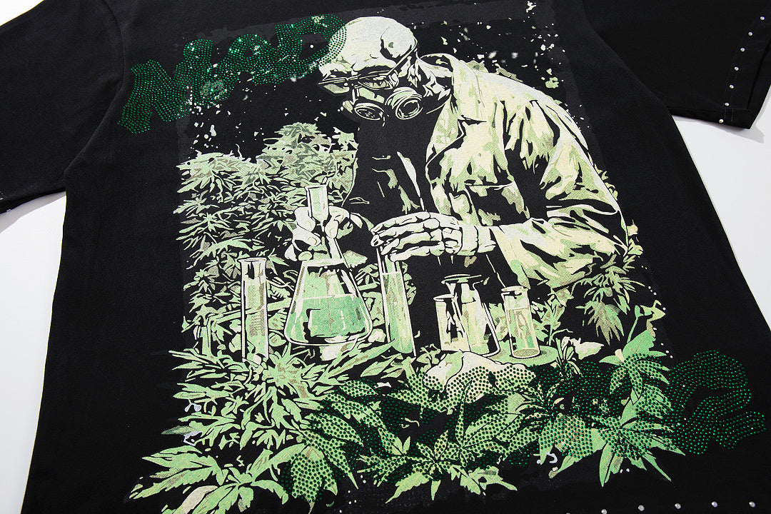 Green Skull Warrior Black Vintage‑Washed Double‑Sided Graphic Print Crew‑Neck Streetwear T‑Shirt