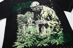 Green Skull Warrior Black Vintage‑Washed Double‑Sided Graphic Print Crew‑Neck Streetwear T‑Shirt
