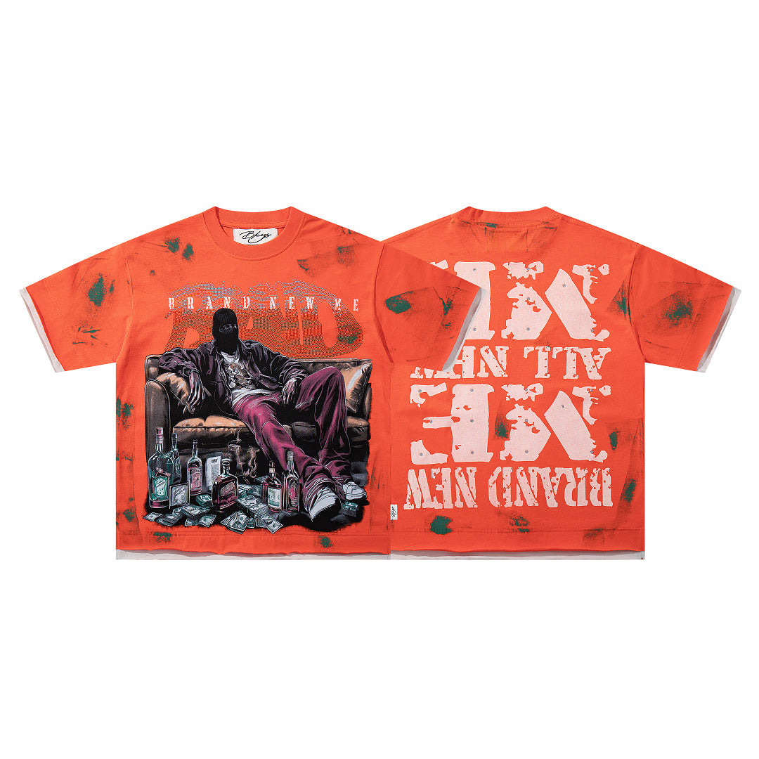 Orange Washed Figure Portrait Double‑Sided Graphic Print Crew Neck Streetwear T‑Shirt