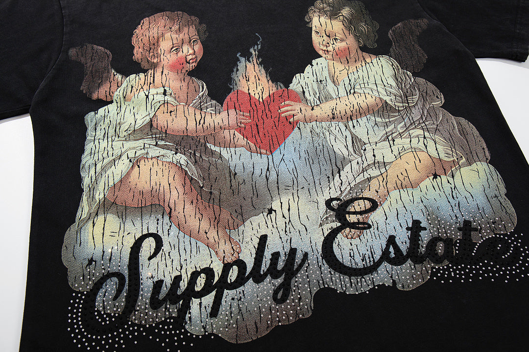 Vintage Angel Cherub Black Vintage‑Washed Double‑Sided Graphic Print Crew‑Neck Streetwear T‑Shirt