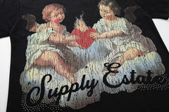 Vintage Angel Cherub Black Vintage‑Washed Double‑Sided Graphic Print Crew‑Neck Streetwear T‑Shirt