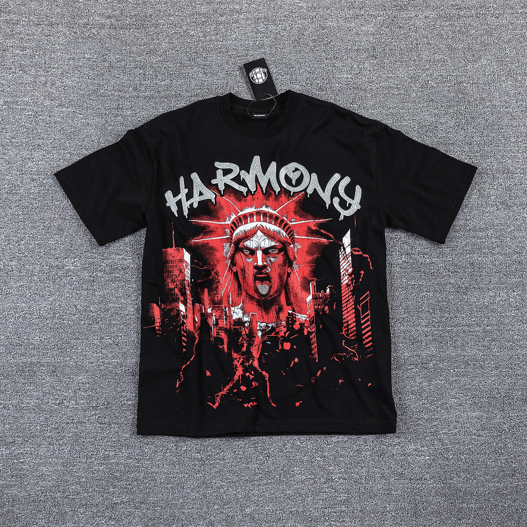 HVM Harmony Red Dark Portrait Black Double‑Sided Graphic Print Crew Neck Streetwear T‑Shirt