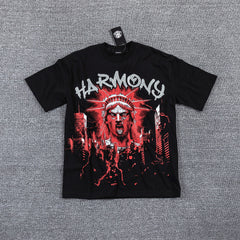 HVM Harmony Red Dark Portrait Black Double‑Sided Graphic Print Crew Neck Streetwear T‑Shirt