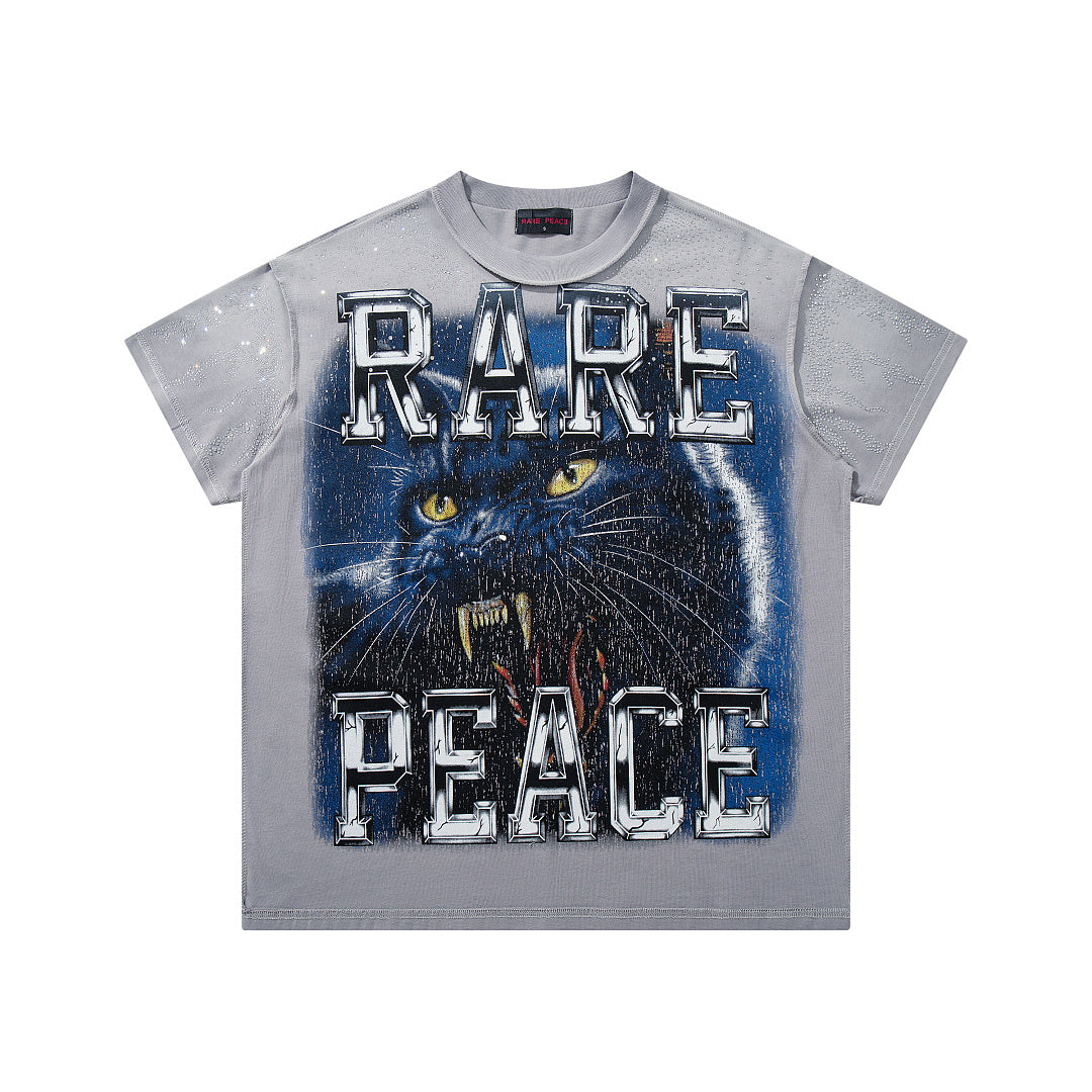 Rare Peace Bad‑Rabbit Grey‑Washed Double‑Sided Graphic Print Crew‑Neck Streetwear T‑Shirt