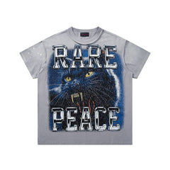 Rare Peace Bad‑Rabbit Grey‑Washed Double‑Sided Graphic Print Crew‑Neck Streetwear T‑Shirt
