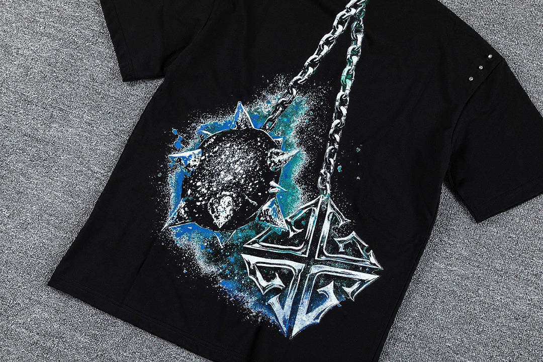 Planet Chain Double‑Sided Graphic Print Crew Neck Streetwear T‑Shirt